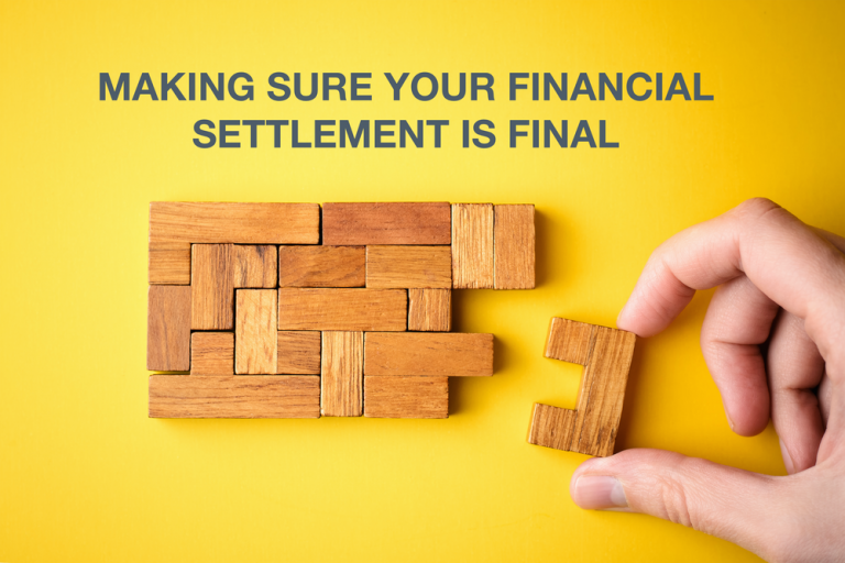 A hand putting in the last piece to a wooden jigsaw on a yellow background with the text displayed 'Making sure your financial settlement is final'