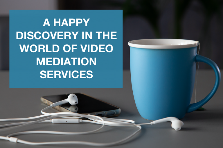 A blue cup with a teabag in on a grey surface with a smart phone and white earphones and text displaying 'A happy discovery in the world of video mediation services'